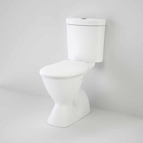 A white, two-piece toilet