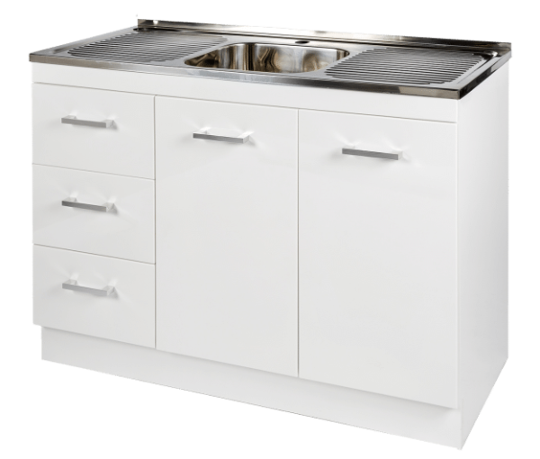 A white kitchen cabinet with a stainless steel sink