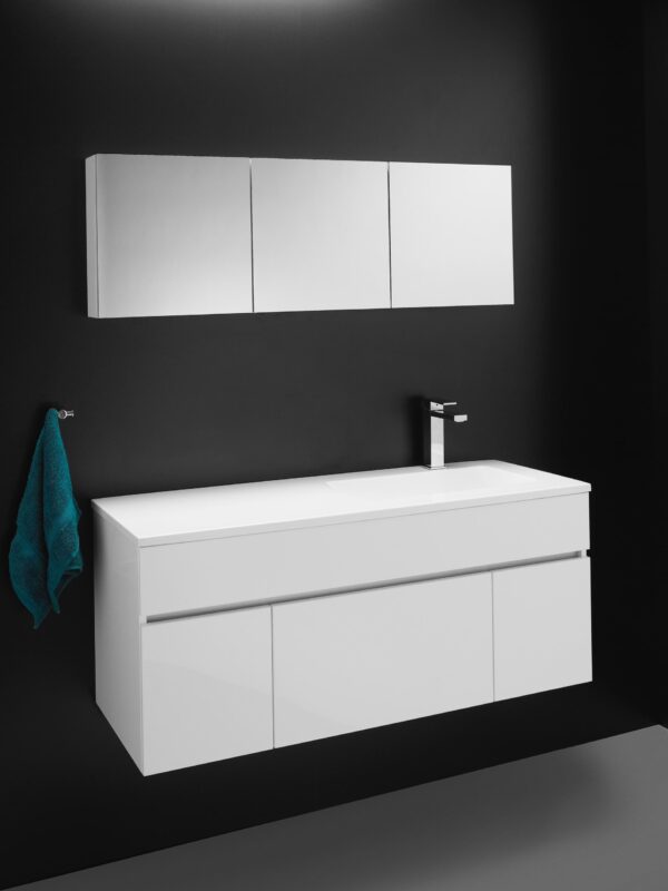 A white vanity cabinet