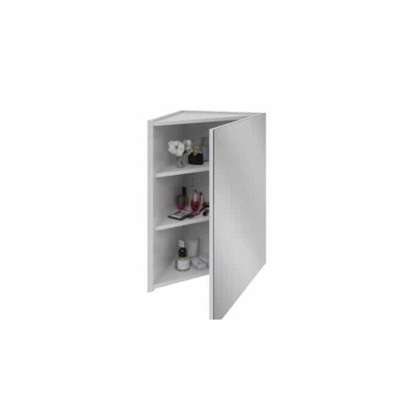 A white cabinet with a mirrored door